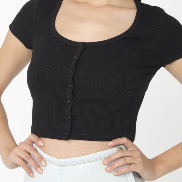 SOLD - American Apparel 2x1 Black Ribbed Button Crop Top - Picture 3 of 10